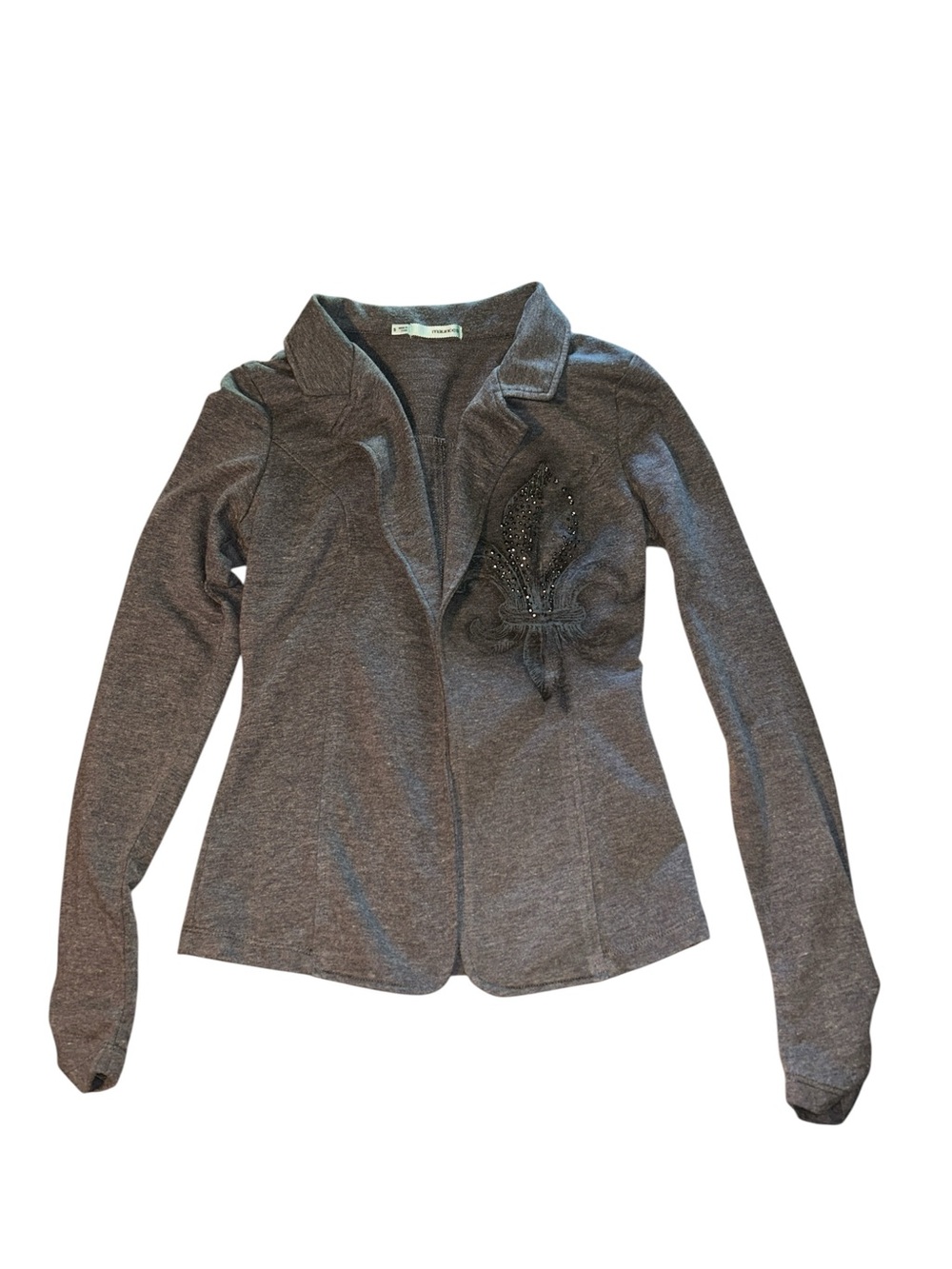 Grey Fleur de Lis Embellished Knit Open Front Blazer Jacket Y2K vibes Sz Small